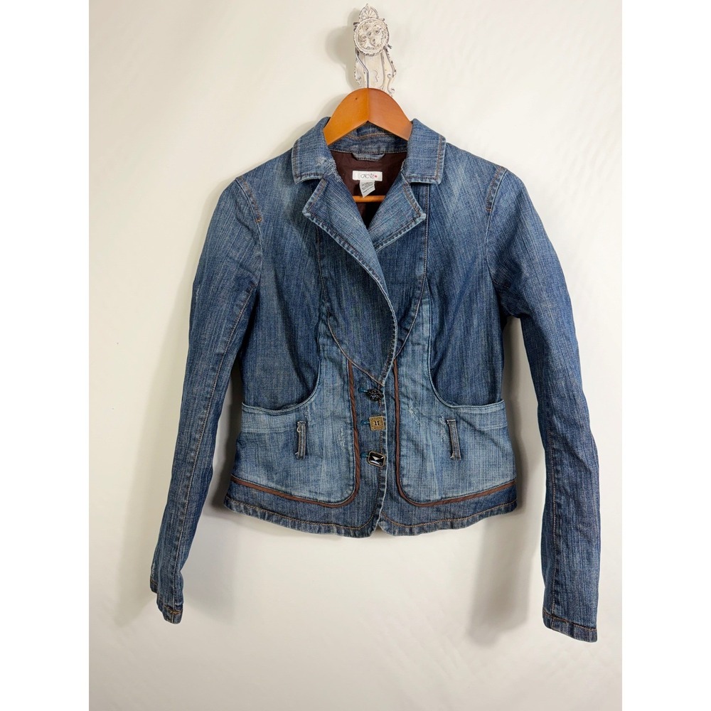 Cache Denim Jacket Women 8 Blue Blazer Moto Style Fitted Stretch Cotton RN 74578
